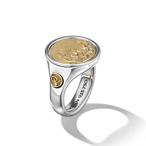 Water and Fire Duality Signet Ring in Sterling Silver with 18K Yellow Gold, Size 10 - Image 2
