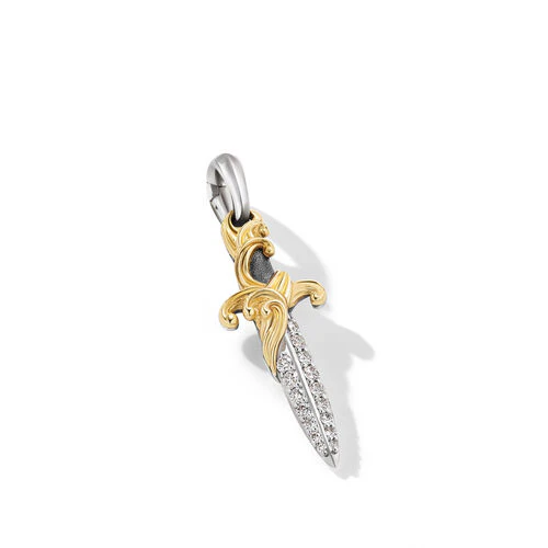 Waves Dagger Amulet in Sterling Silver with 18K Yellow Gold with Diamonds, 31mm - Image 3