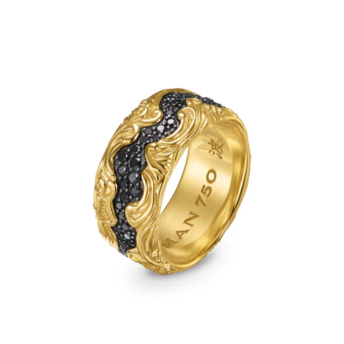 Waves Pavé Band Ring in 18K Yellow Gold with Black Diamonds, 10.5mm, Size 10 - Image 3