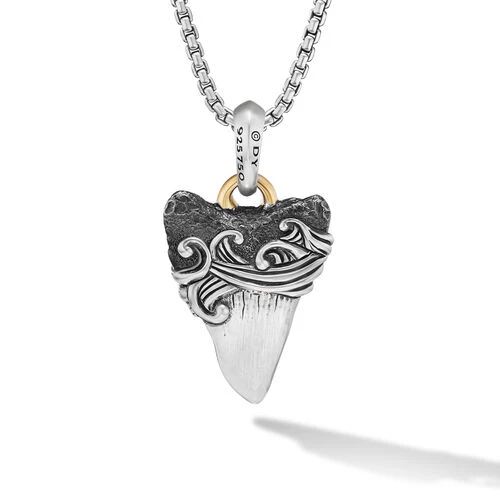 Waves Shark Tooth Amulet in Sterling Silver with 18K Yellow Gold, 25mm - Image 2