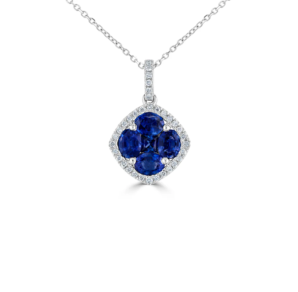Sabel Collection White Gold Blue Sapphire Cluster and Diamond Drop Pendant