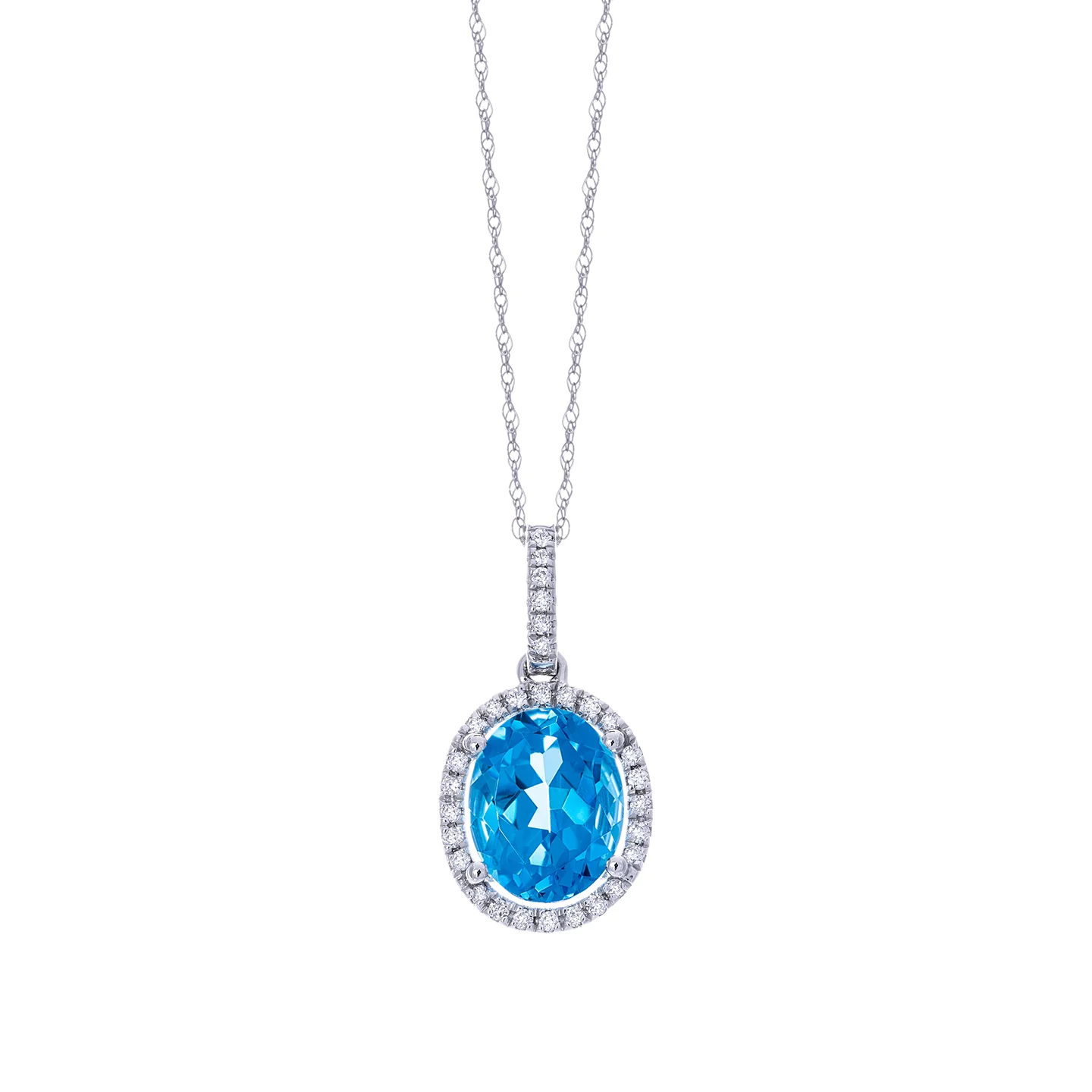 Sabel Collection White Gold Blue Topaz and Diamond Halo Pendant