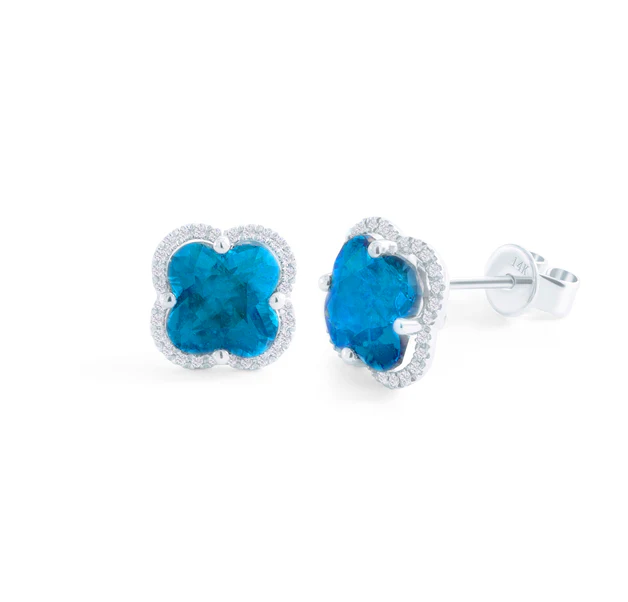 Sabel Collection White Gold Blue Topaz Clover and Diamond Halo Earrings