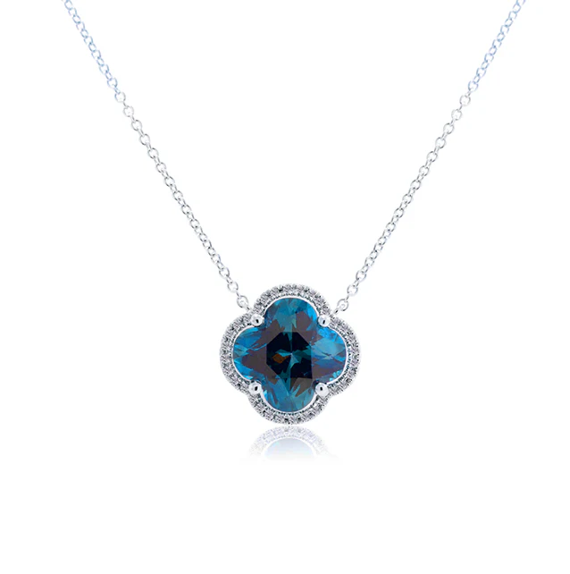 Sabel Collection White Gold Blue Topaz Clover and Diamond Halo Necklace