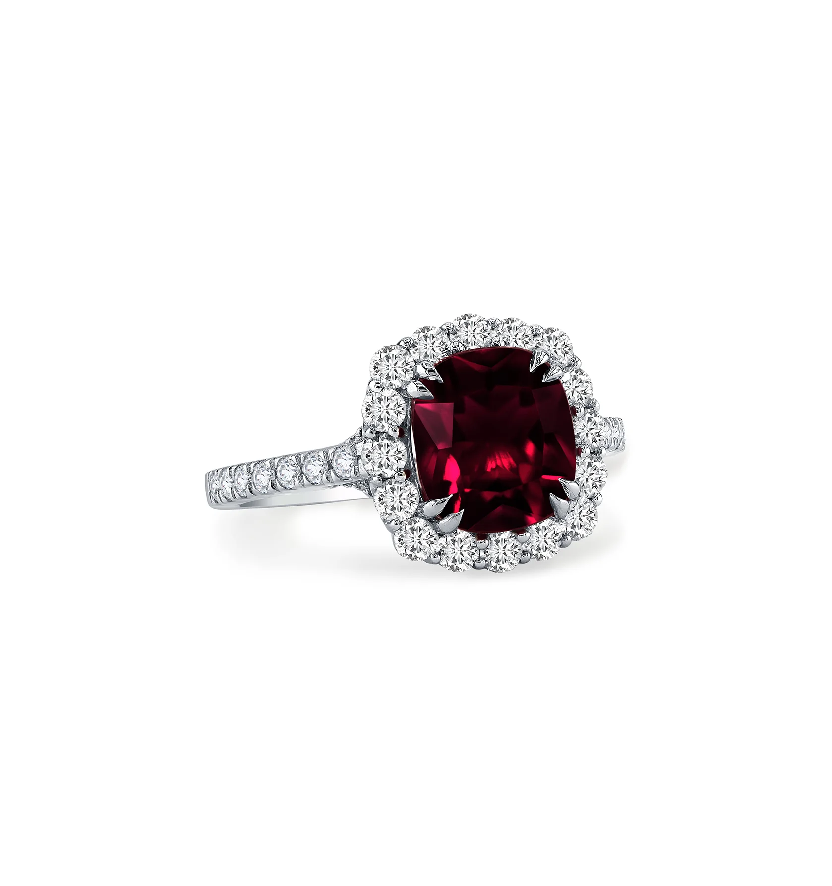 Sabel Collection White Gold Cushion Ruby and Diamond Halo Ring