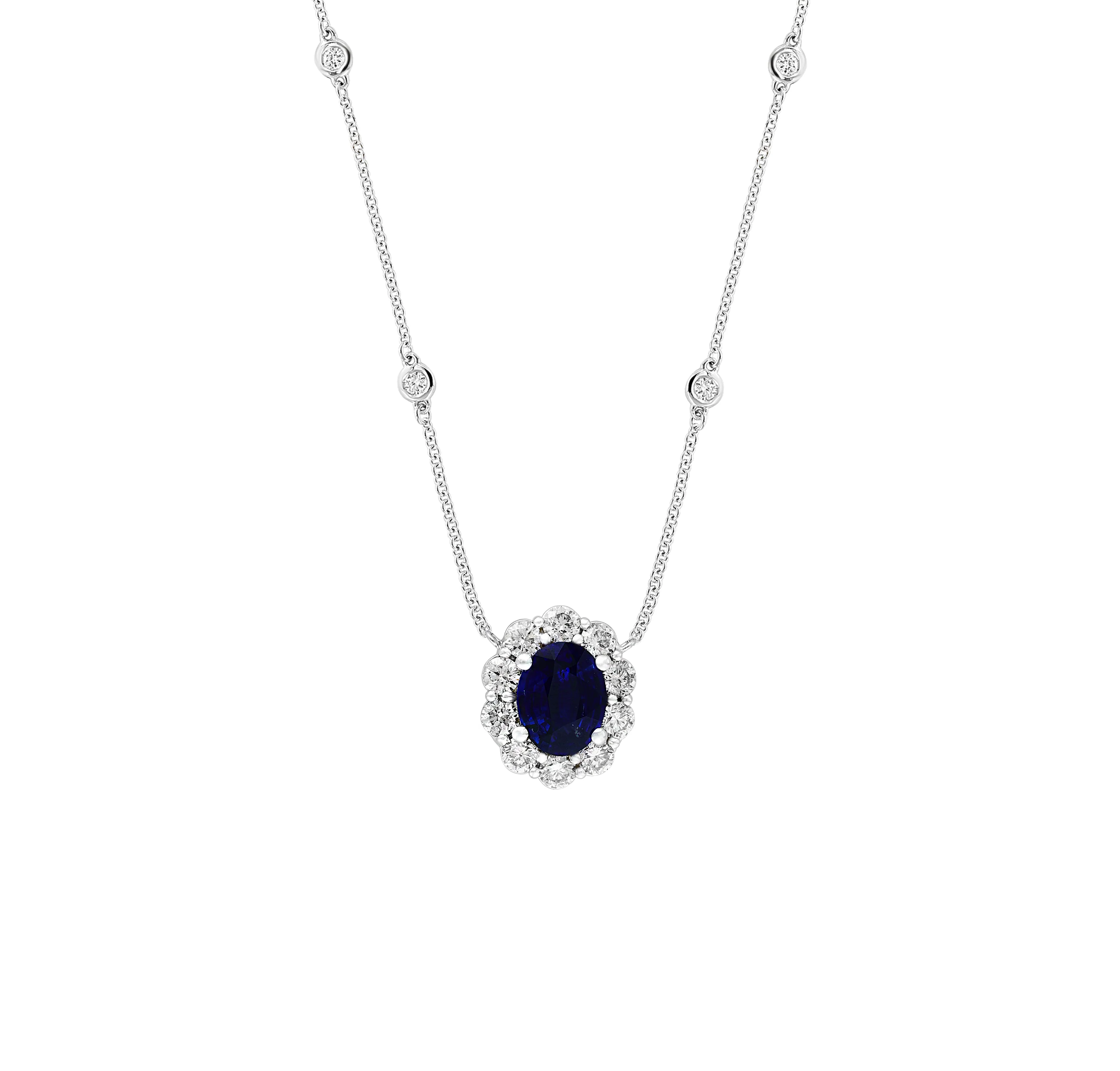 Sabel Collection White Gold Oval Blue Sapphire and Diamond Halo Pendant