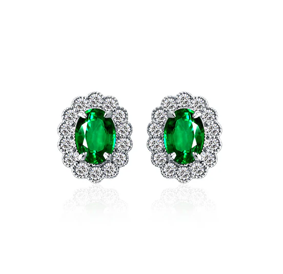 Sabel Collection White Gold Oval Emerald and Diamond Milgrain Earrings