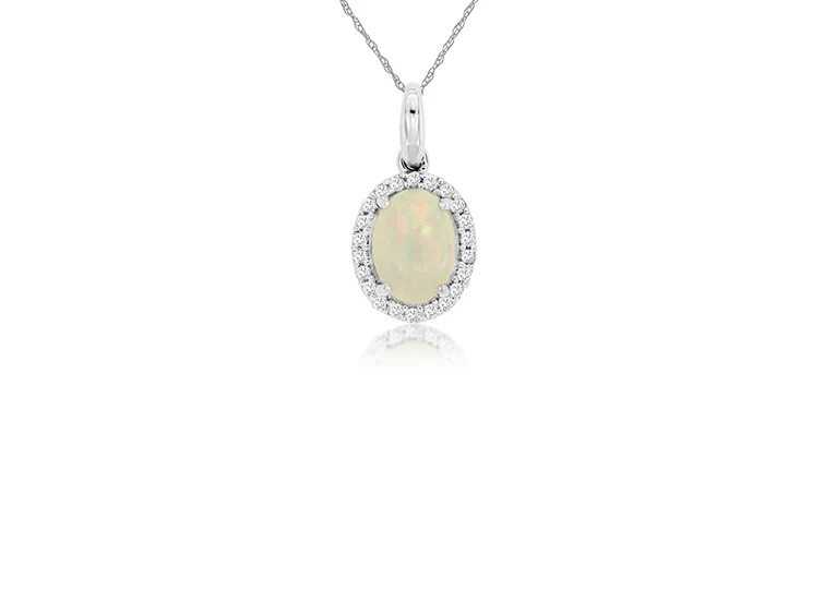 Sabel Collection White Gold Oval Opal and Diamond Halo Pendant
