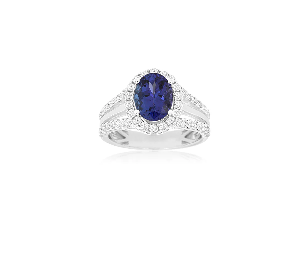 Sabel Collection White Gold Oval Tanzanite and Diamond Halo Ring