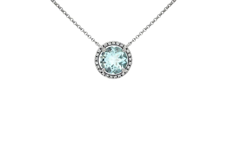 Sabel Collection White Gold Round Aquamarine and Diamond Halo Pendant