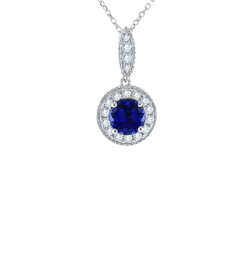 Sabel Collection White Gold Round Blue Sapphire and Diamond Drop Pendant