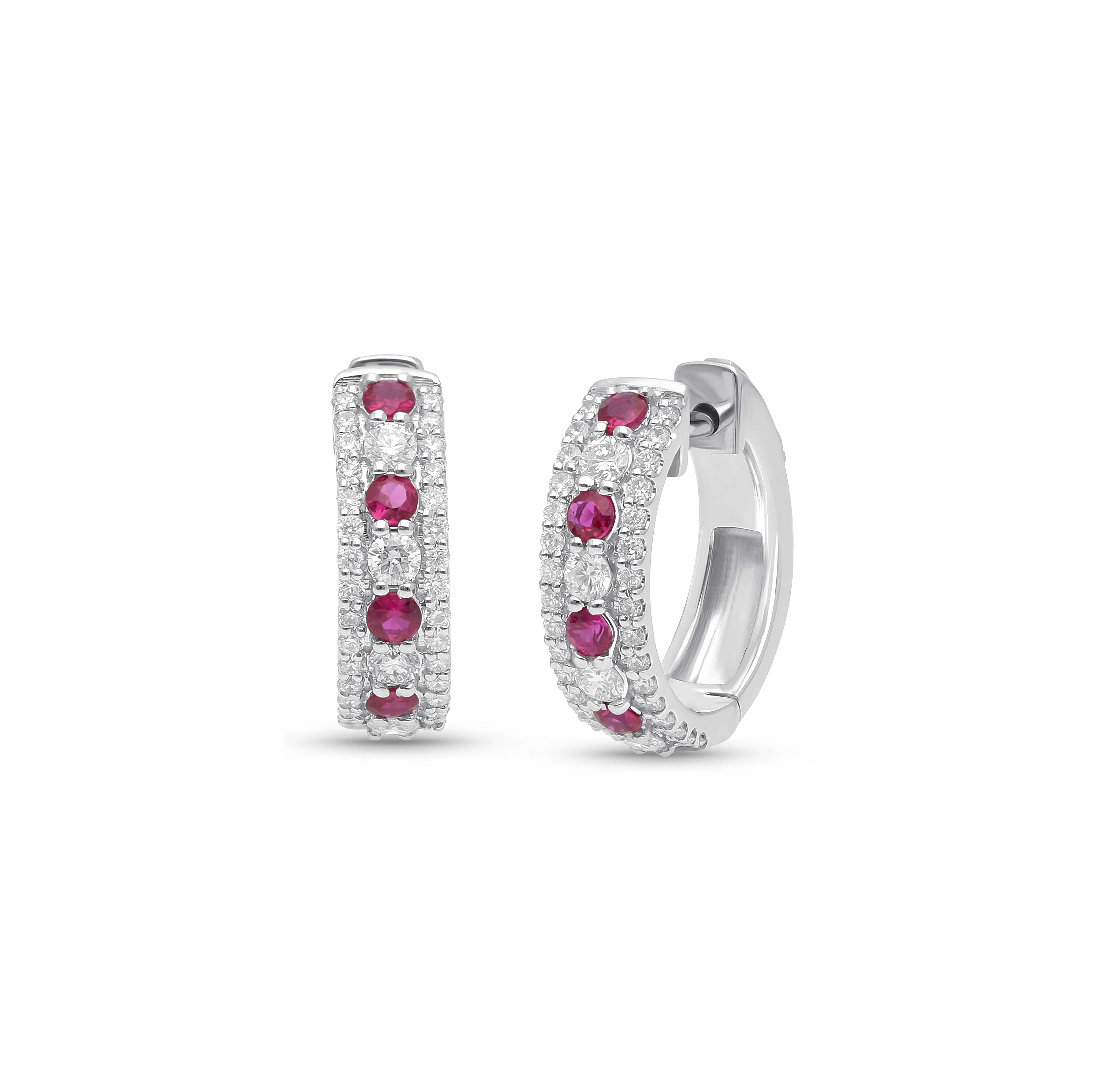 Sabel Collection White Gold Round Ruby and Diamond Huggie Hoop Earrings