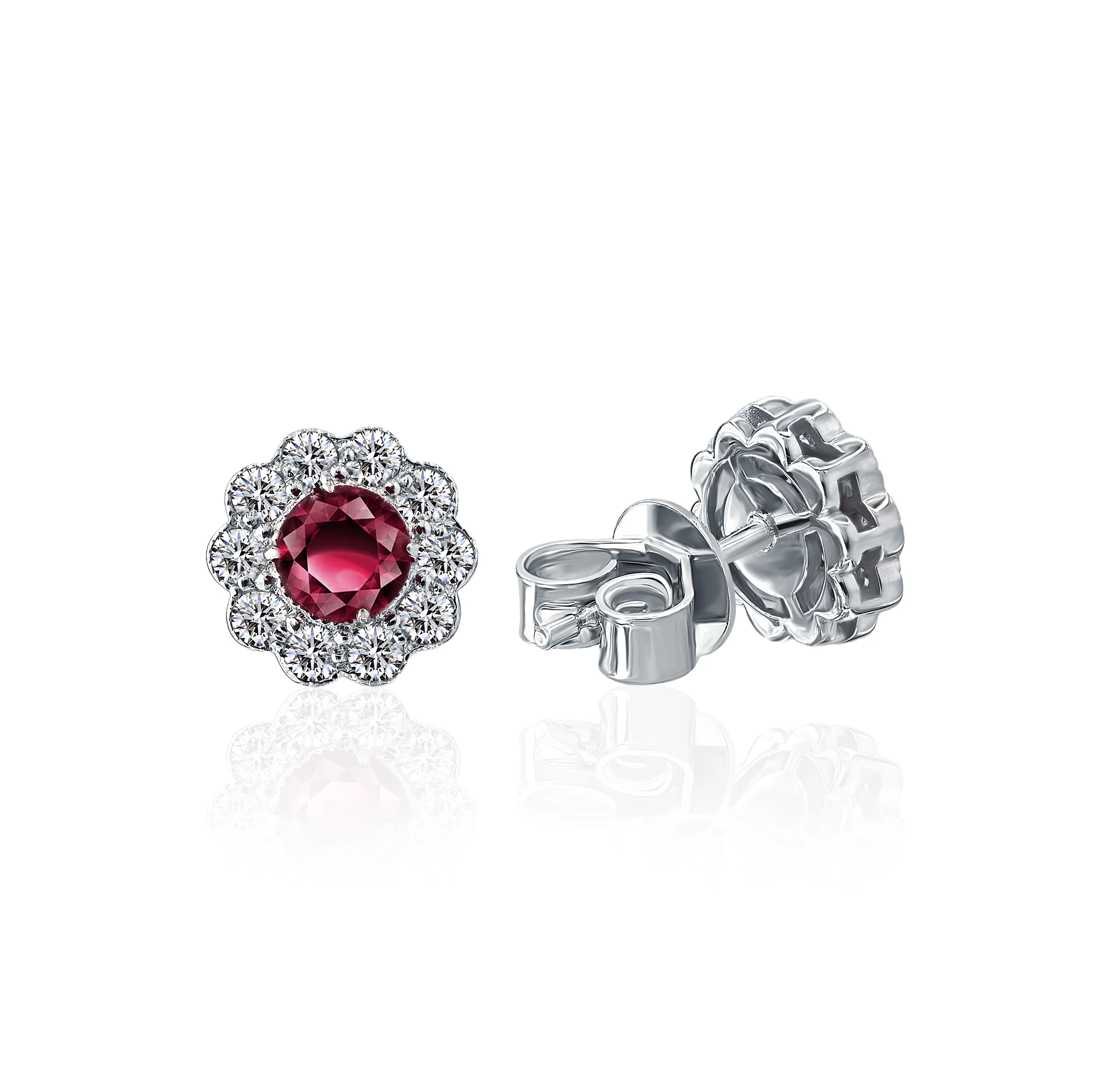 Sabel Collection White Gold Ruby and Diamond Flower Milgrain Earrings