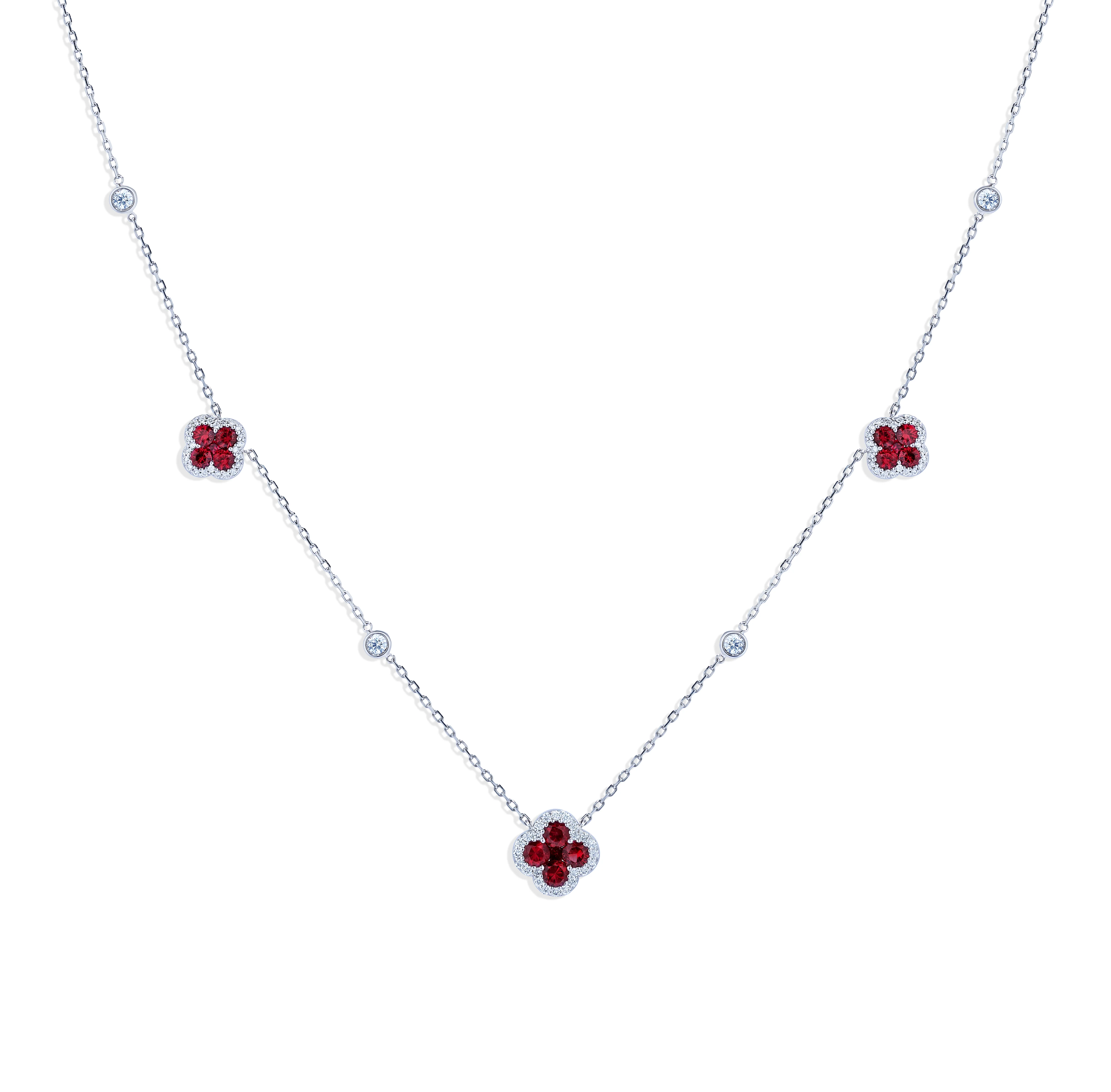 Sabel Collection White Gold Ruby and Diamond Flower Station Necklace