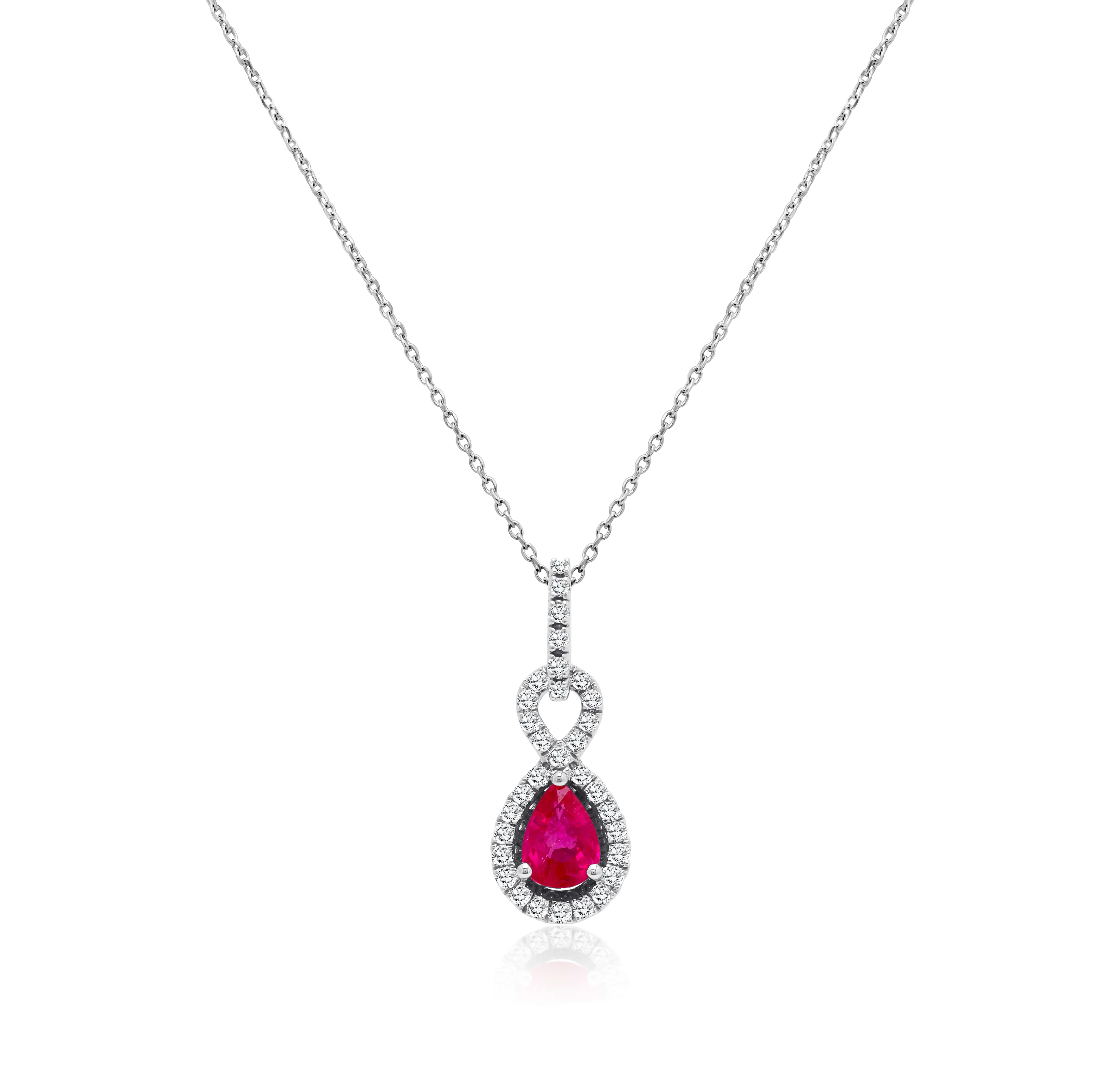 Sabel Collection White Gold Ruby and Diamond Halo Drop Pendant