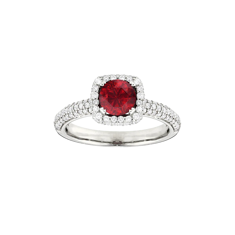 Sabel Collection White Gold Cushion Ruby and Diamond Halo Ring