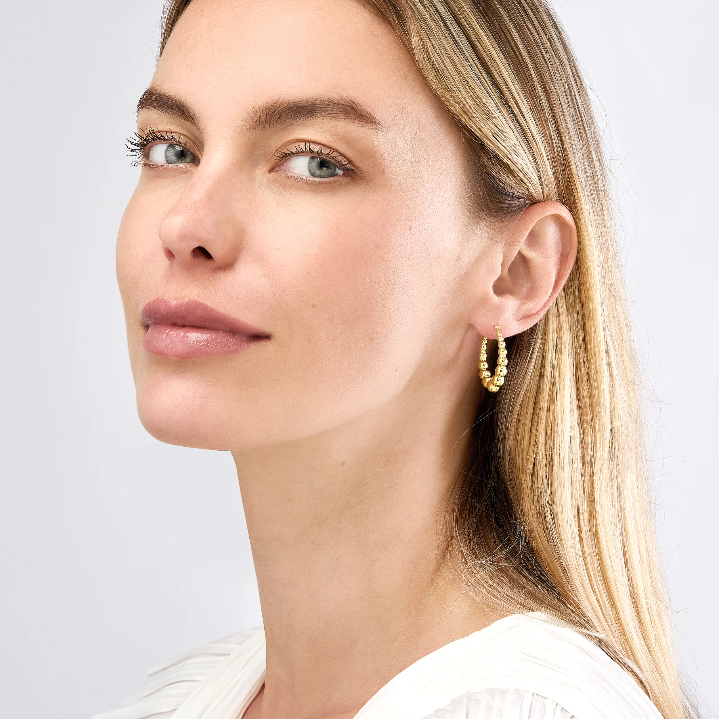 Sabel Collection Yellow Gold Bead Hoop Earrings - Image 3