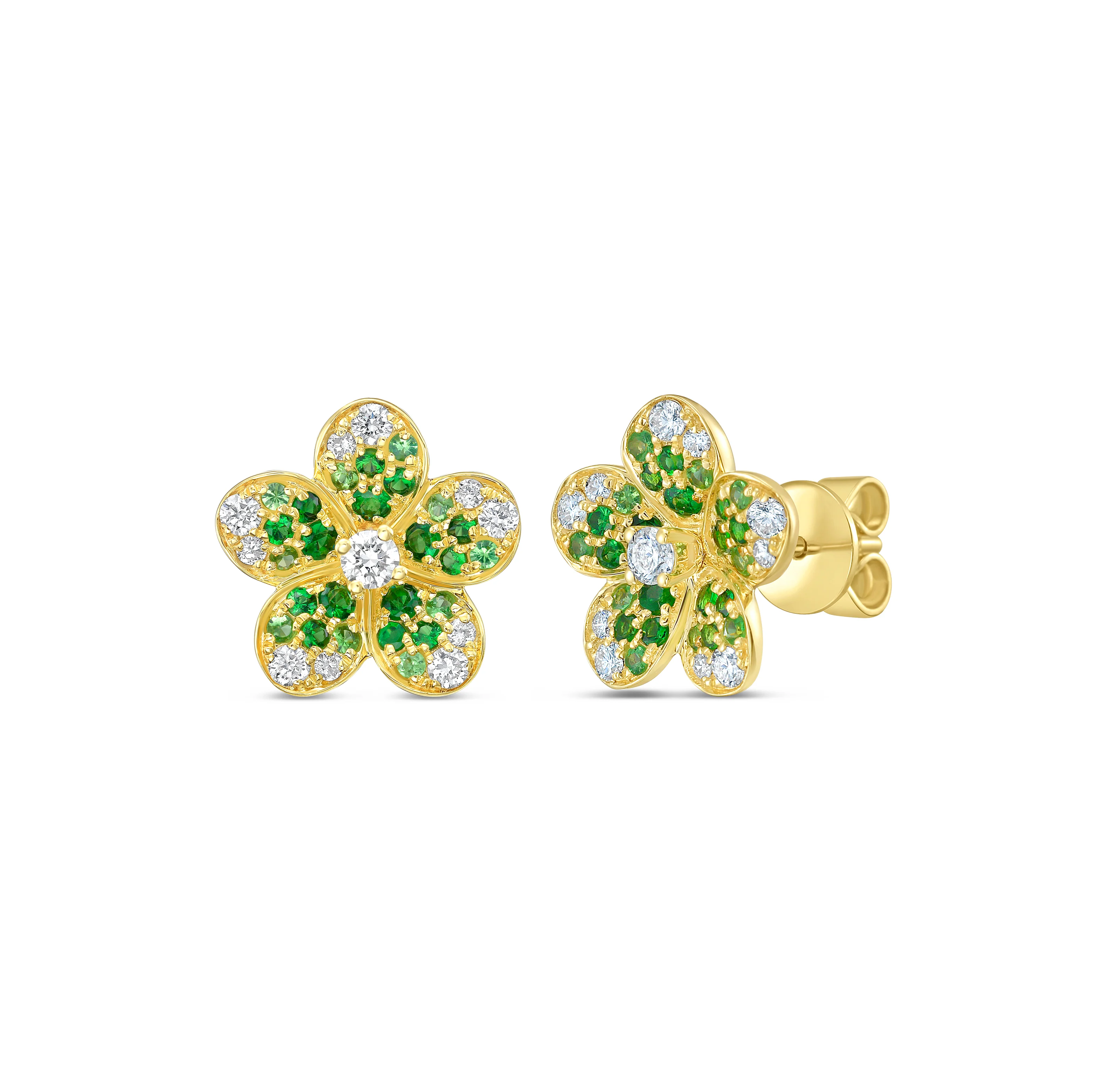 Sabel Collection Yellow Gold Diamond and Tsavorite Flower Earrings