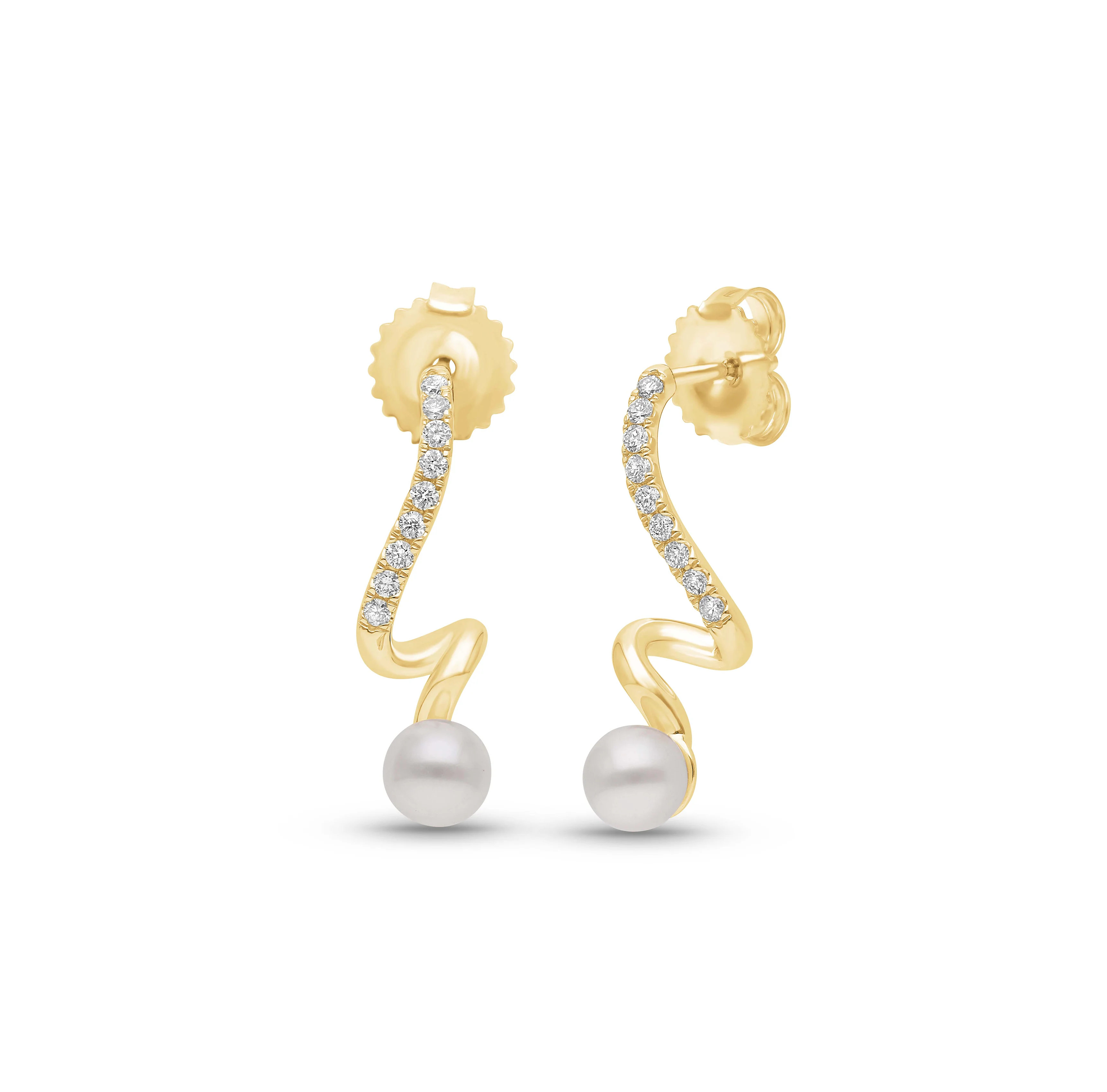 Sabel Collection Yellow Gold Diamond Swirl and Pearl Drop Earrings