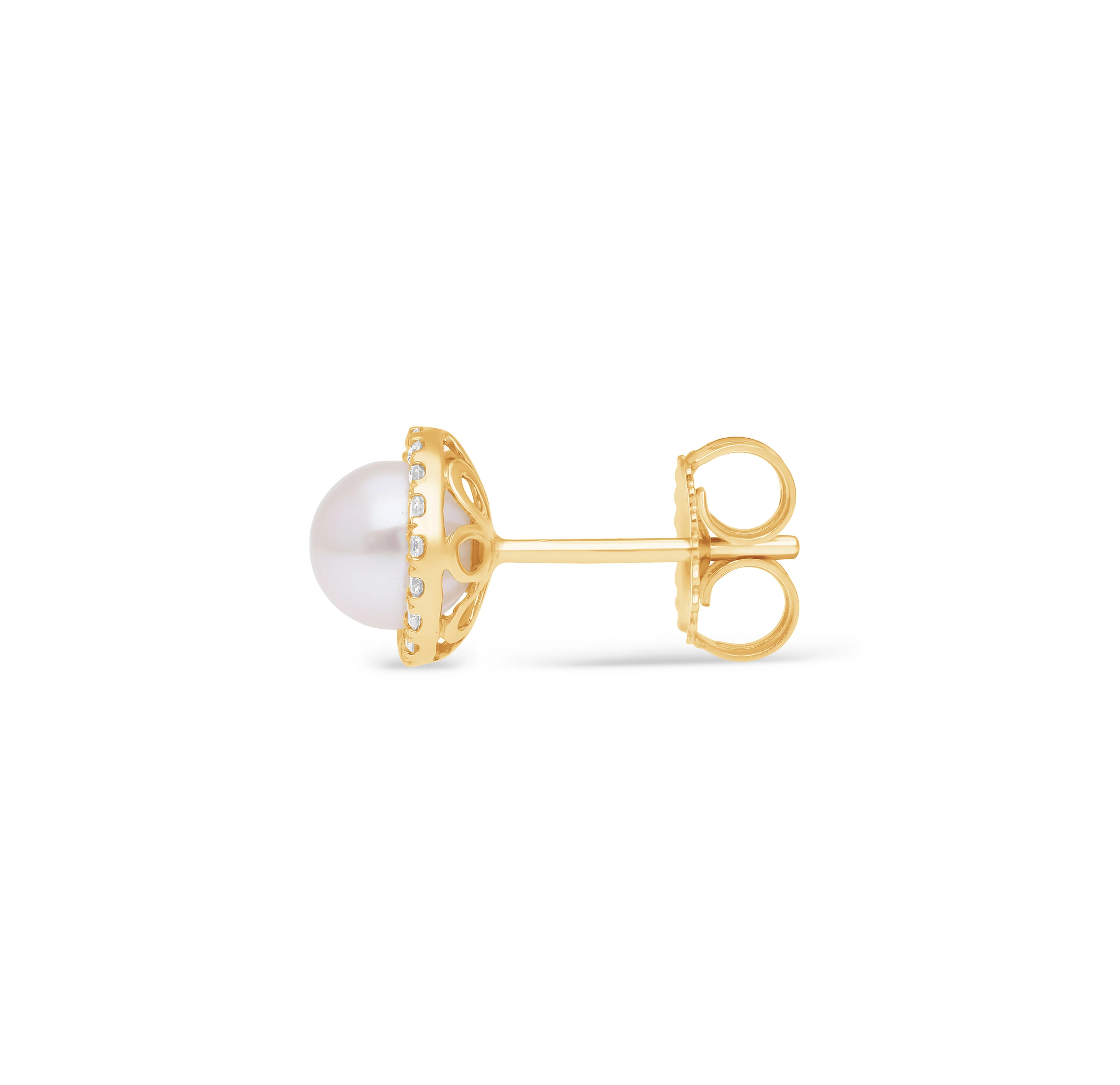 Sabel Collection Yellow Gold Pearl and Diamond Halo Stud Earrings - Image 2