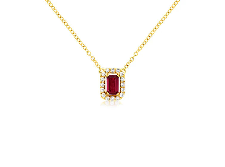 Sabel Collection Yellow Gold Ruby and Round Diamond Halo Pendant