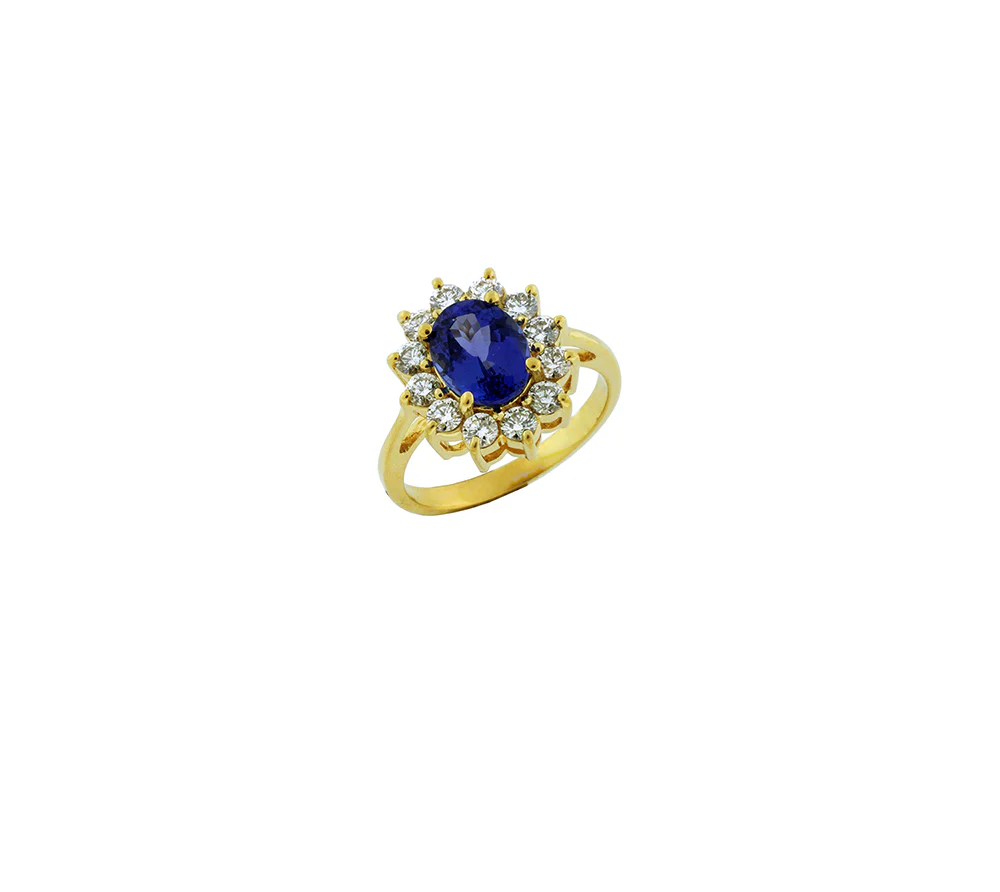 Sabel Collection Yellow Gold Tanzanite and Diamond Halo Ring