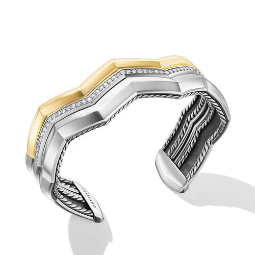 Zig Zag Stax Three Row Cuff Bracelet in Sterling Silver with 18K Yellow Gold and Diamonds, 17.4mm - Image 2