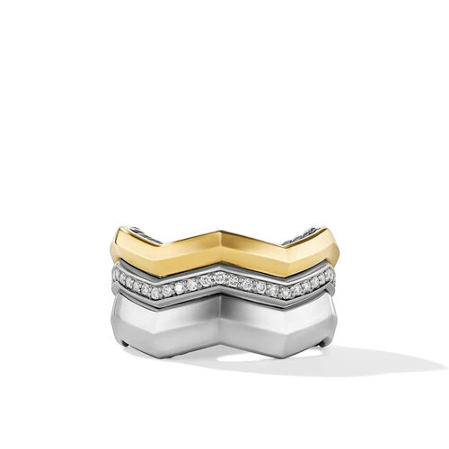 Zig Zag Stax Three Row Ring in Sterling Silver with 18K Yellow Gold and Diamonds, Size 8