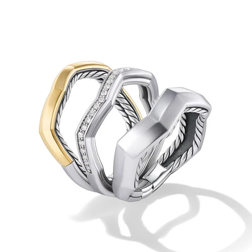Zig Zag Stax Three Row Ring in Sterling Silver with 18K Yellow Gold and Diamonds, Size 8 - Image 2
