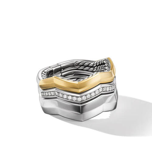 Zig Zag Stax Three Row Ring in Sterling Silver with 18K Yellow Gold and Diamonds, Size 8 - Image 3