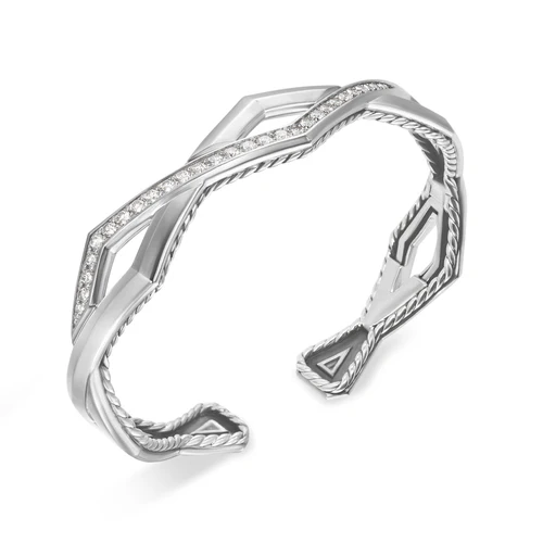 Zig Zag Stax Two Row Cuff Bracelet in Sterling Silver with Diamonds, 13mm - Image 2