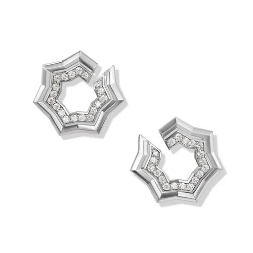 Zig Zag Stax Two Row Hoop Earrings in Sterling Silver with Diamonds, 27mm - Image 2